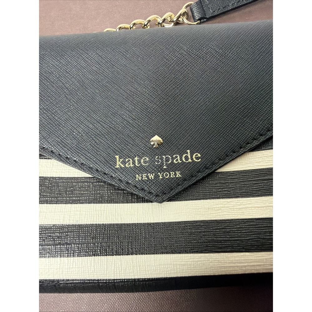 Kate Spade New York Black White Striped Crossbody Purse Gold Tone Chain City - Picture 8 of 13